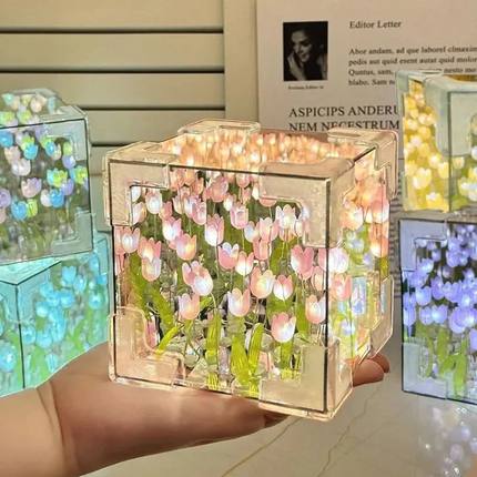 DIY Tulip Mirror Cube Lamp Simulation Flower Bedroom Sleepin