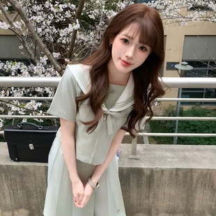墨秋JK制服套装四叶草水手服纯色格裙两件套日系学院风校供上衣女