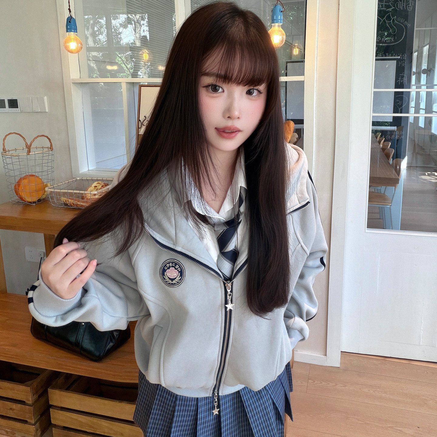 墨秋JK制服槐序加绒卫衣日系校供感连帽拉链徽章外套秋冬开衫上衣