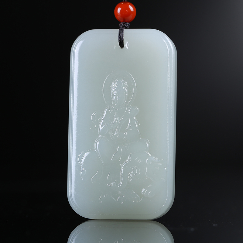 和田玉青白玉普贤菩萨吊坠天然