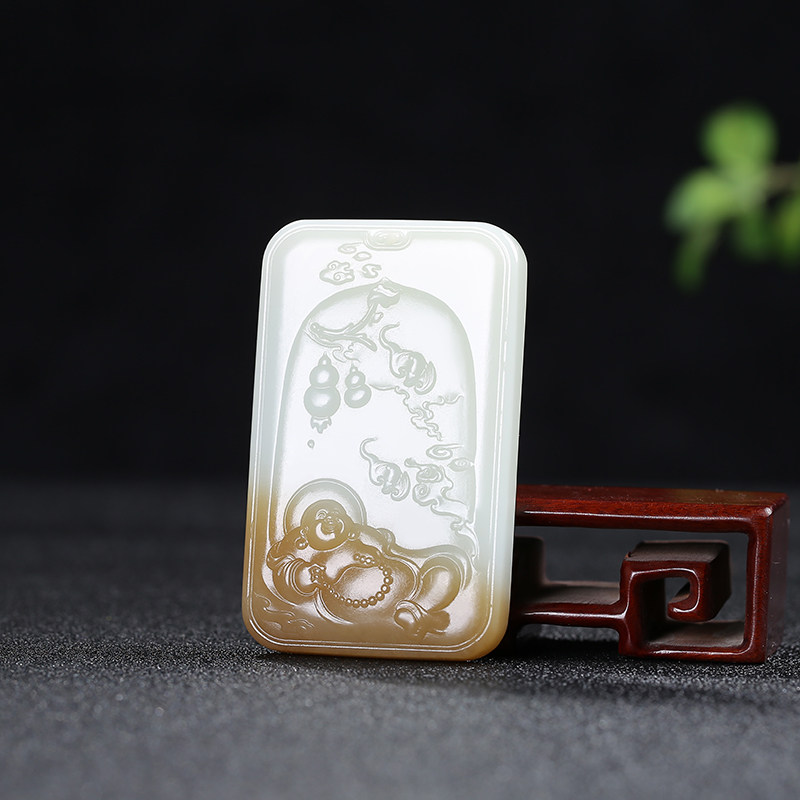 【福从天降】天然新疆和田玉弥勒佛玉石吊坠且末料糖白玉玉佩玉坠