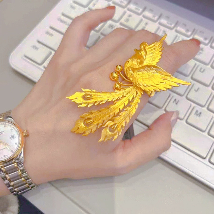 古法凤凰戒指婚嫁三金活口指环黄金色可调节孔雀戒指时尚送女友礼