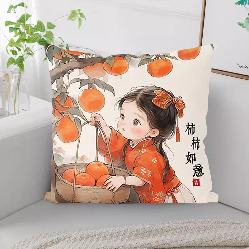 抱枕十字绣diy新款柿柿如意女孩心想事成刺绣手工枕套三边开拉链