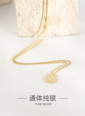 韩版S925纯银项链INS凹凸面几何纹路方块吊牌项链个性小众银链饰