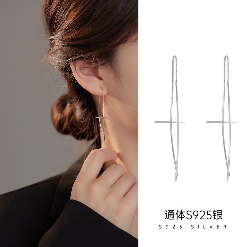 925纯银十字架耳线加长耳坠男嘻哈女夏耳环极简ins冷淡风个性耳饰