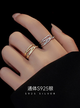 S925纯银戒指扭绳缠绕多层金属开口食指戒不规则个性设计线条指环