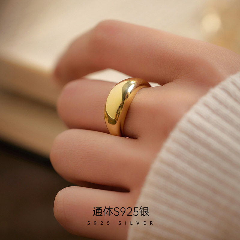 925纯银镀18K金光面戒指女几何弧顶重工设计感食指戒个性夸张指环