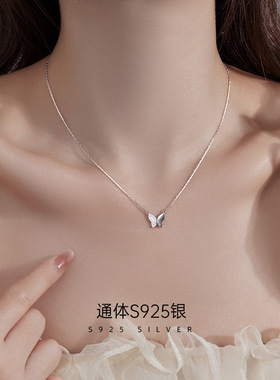 S925银镶钻蝴蝶项链女轻奢小众设计感光面蝴蝶锁骨链新款一件代发