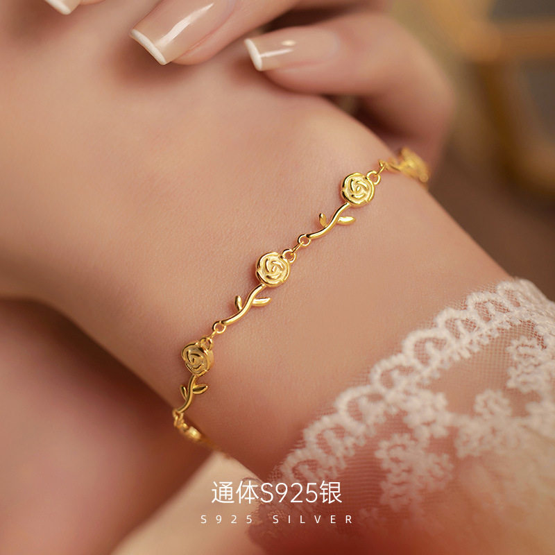 925纯银玫瑰花手链女经典复古韩版高级感花朵手饰浪漫送女友礼物