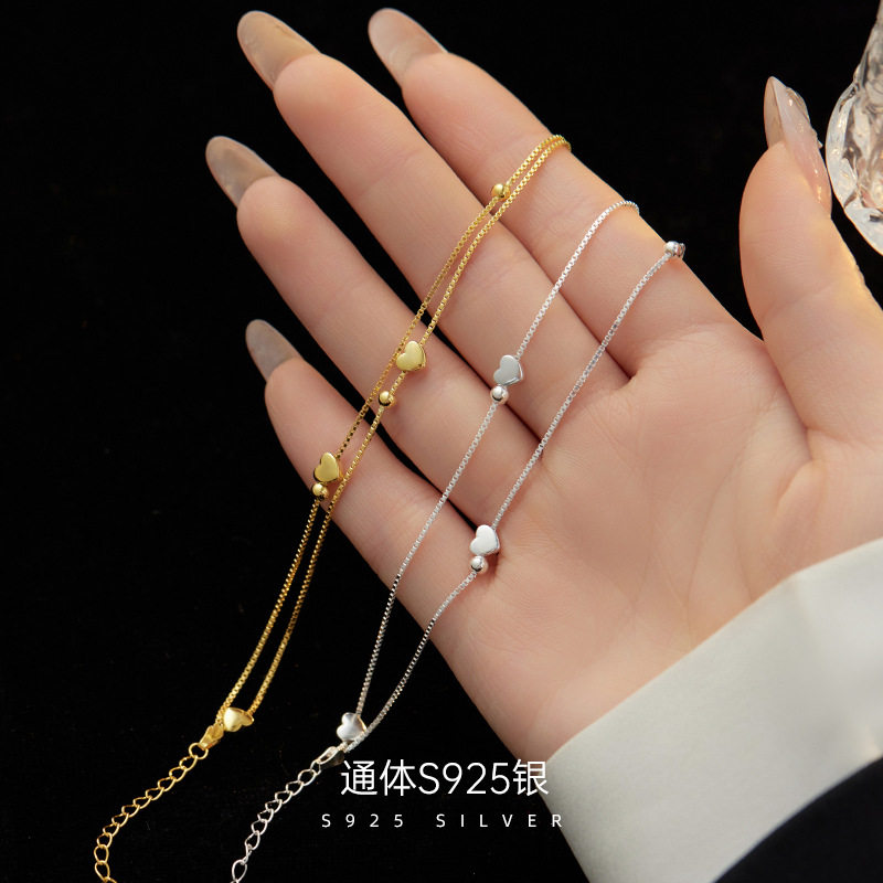 925纯银爱心手链女生ins简约双层圆珠小众设计心形手饰百搭送礼物