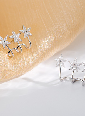 S925纯银轻奢精致锆石花朵耳骨夹女ins冷淡风排钻星星无耳洞耳饰