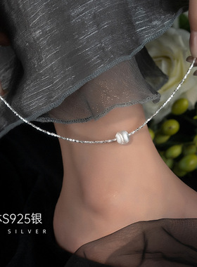 碎银脚链女2023年新款潮高级感轻奢小众拉丝珠925纯银脚环脚饰品
