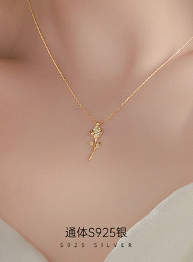 S925银玫瑰花项链女小众复古立体花朵设计感锁骨链法式时尚配饰品