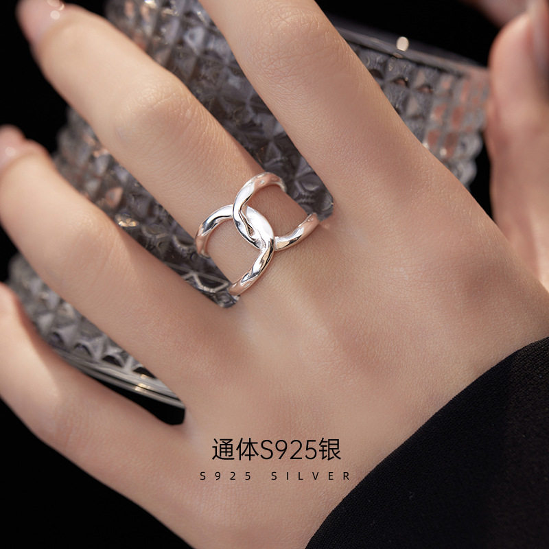 ailj925纯银戒指女简约时尚双C网红个性开口食指指环冷淡风ins潮