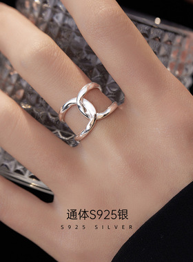 ailj925纯银戒指女简约时尚双C网红个性开口食指指环冷淡风ins潮