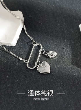 韩版S925纯银项链INS气质小众双爱心心形女项链锁骨百搭银链饰