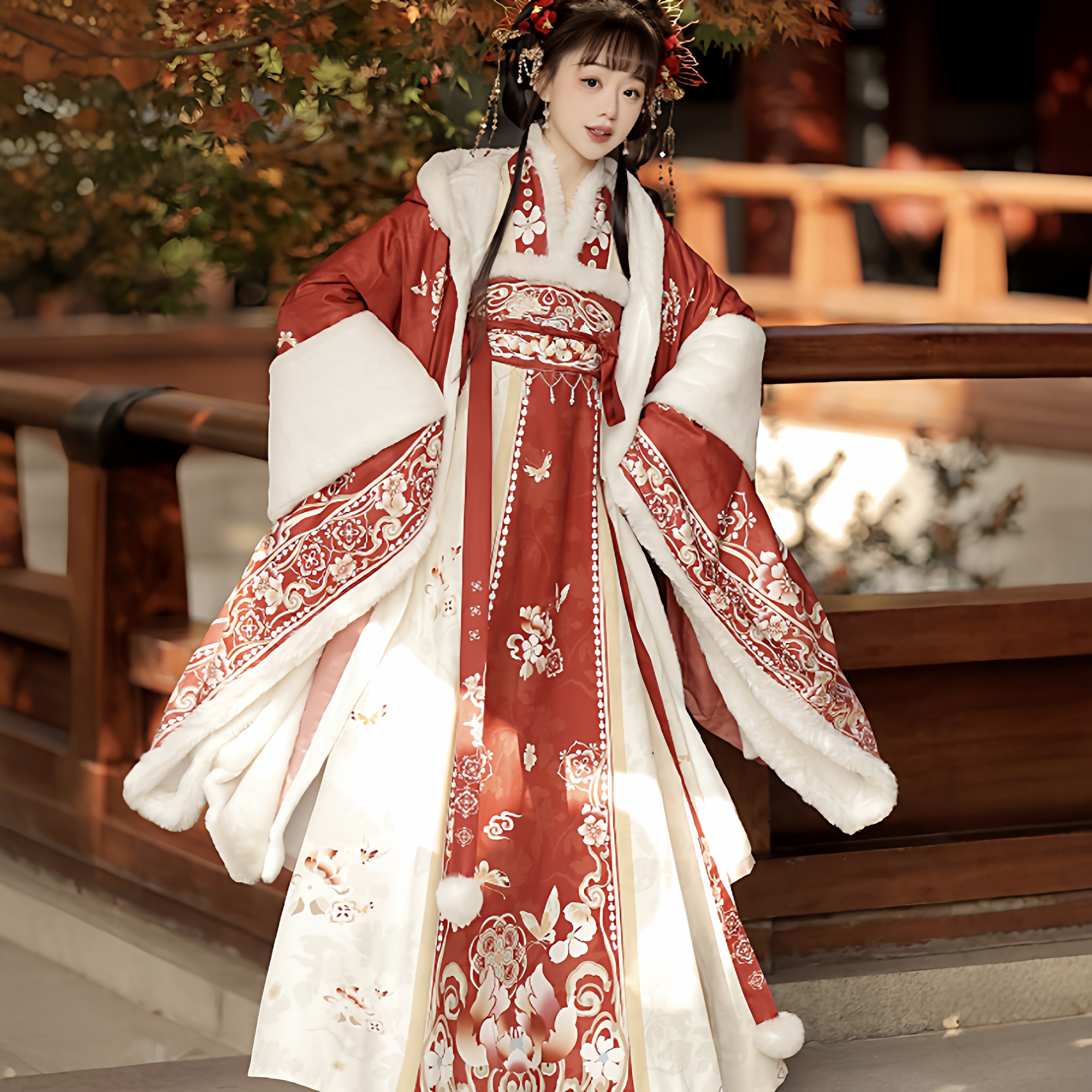 原创汉服女【花蝴蝶】唐制加绒连帽大袖衫齐胸破裙唐风套装冬季款