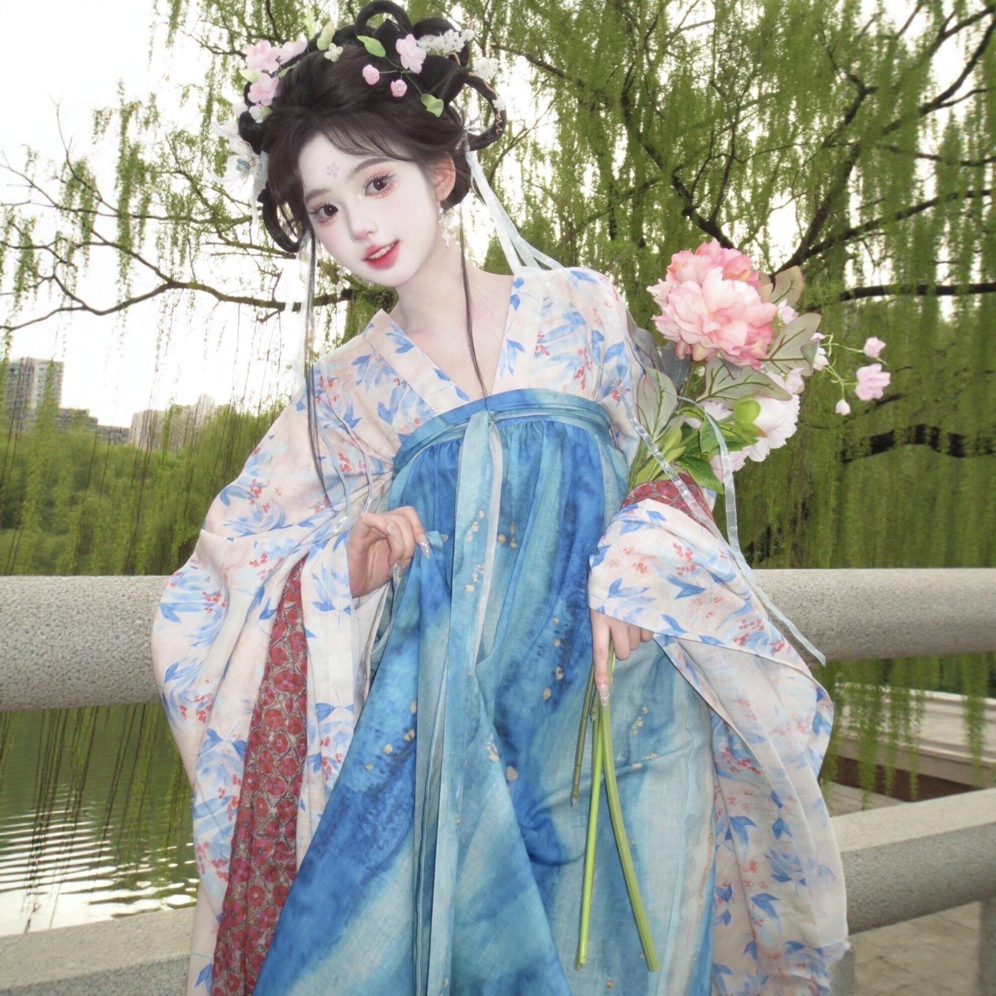 原创汉服女【青罗亭】唐制小唐风齐胸襦裙成人古装蓝色套装春季款