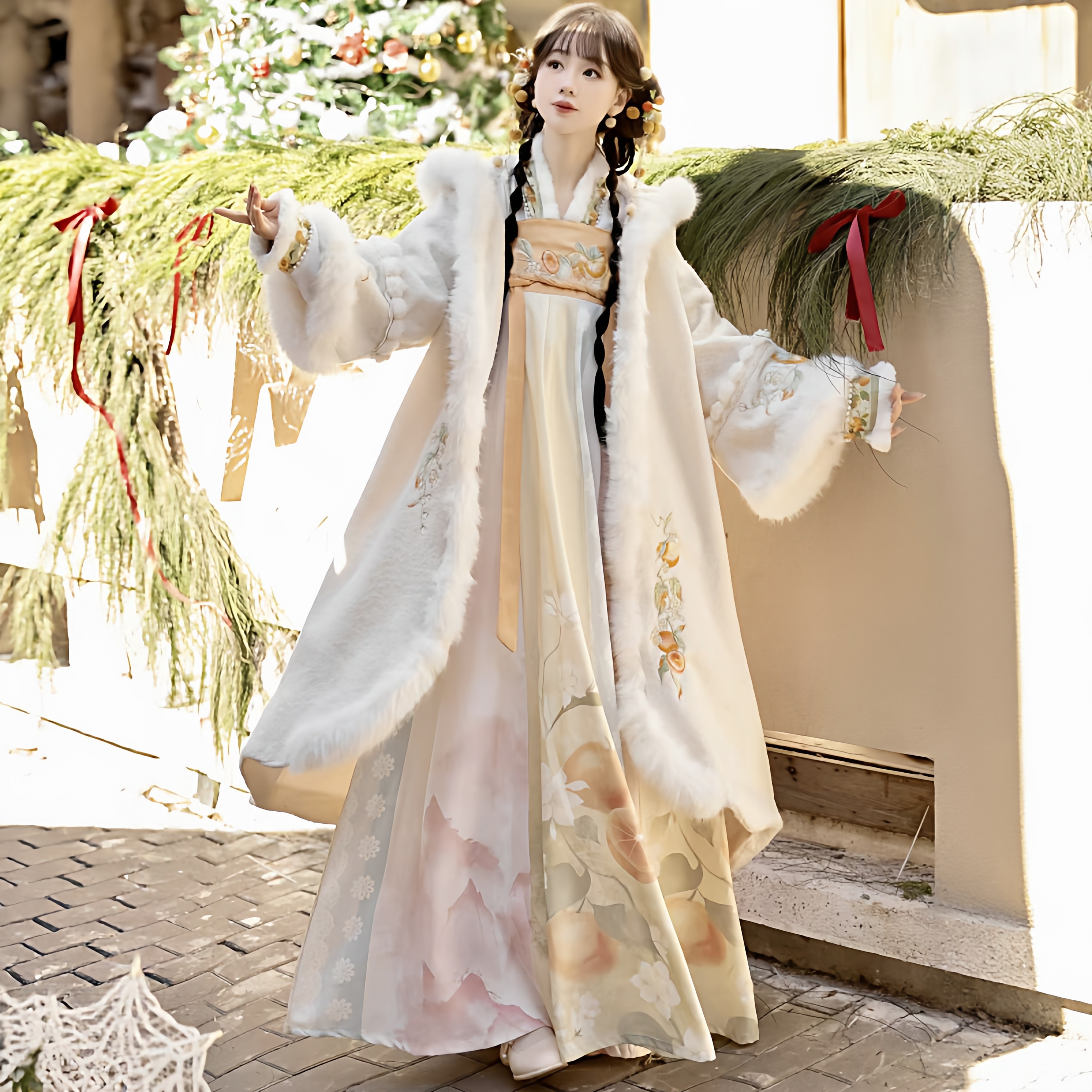 原创汉服女【蜜橘】唐制加绒加厚连帽大袖衫齐胸裙唐风套装冬季款