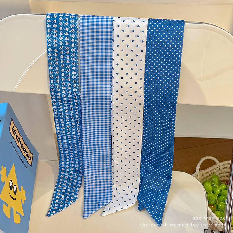 气质蓝色格子波点丝巾长条飘带