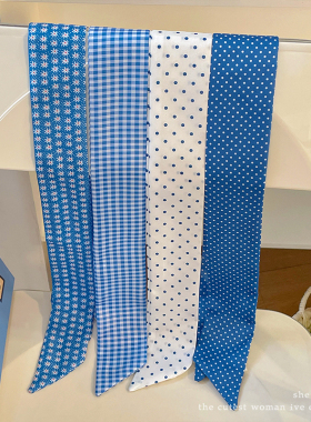 气质蓝色格子波点丝巾长条飘带女颈带系脖丝带穿搭挂脖领巾发带夏