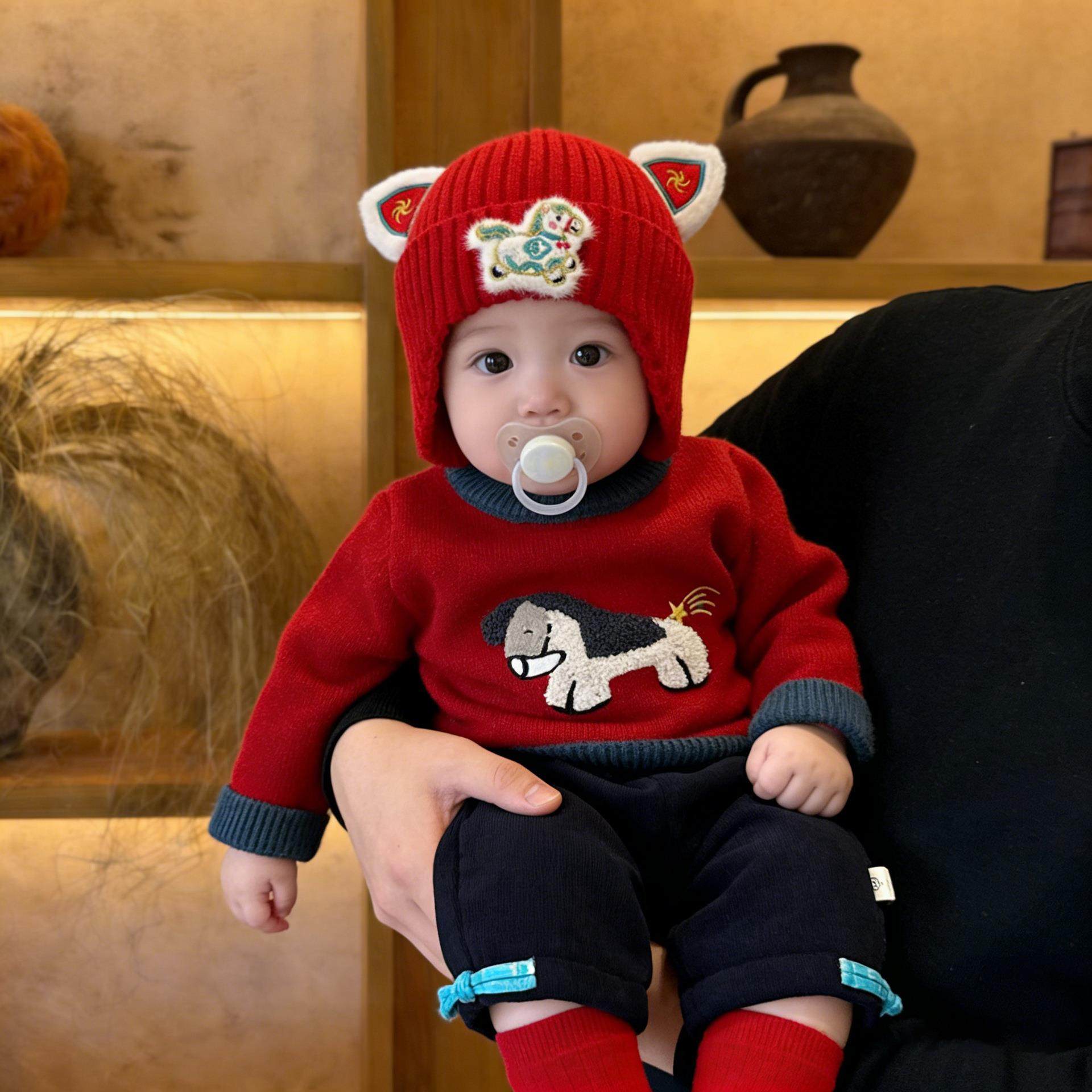 婴儿新年红色加厚毛衣套装冬季可爱宝宝加厚保暖直筒裤马年外出服,童装/婴儿装/亲子装,儿童运动套装,淘宝优惠券,粉丝福利购,淘宝优惠卷