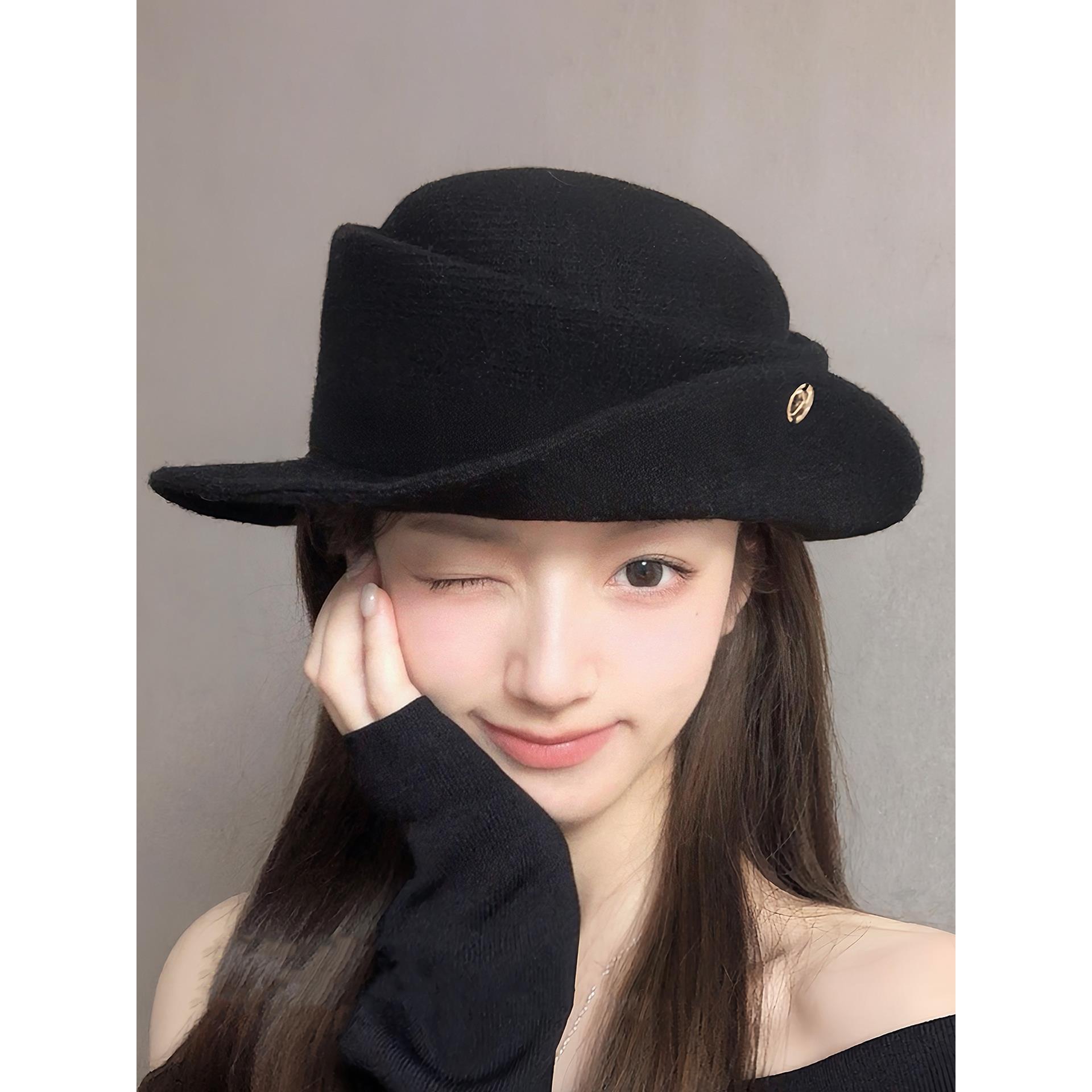 留洋千金法式赫本风黑色圆顶礼帽女秋冬显脸小渔夫帽卷边针织帽子