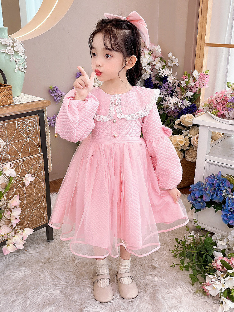 儿童秋冬季公主裙子粉色洋气2022新款加绒小女孩可爱女童连衣裙