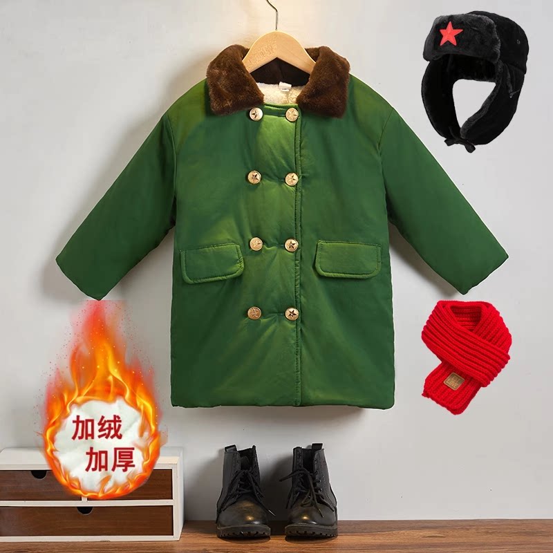 军冬大衣儿童军大衣男童棉服加绒女童宝宝军棉绿大衣冬季外套土潮