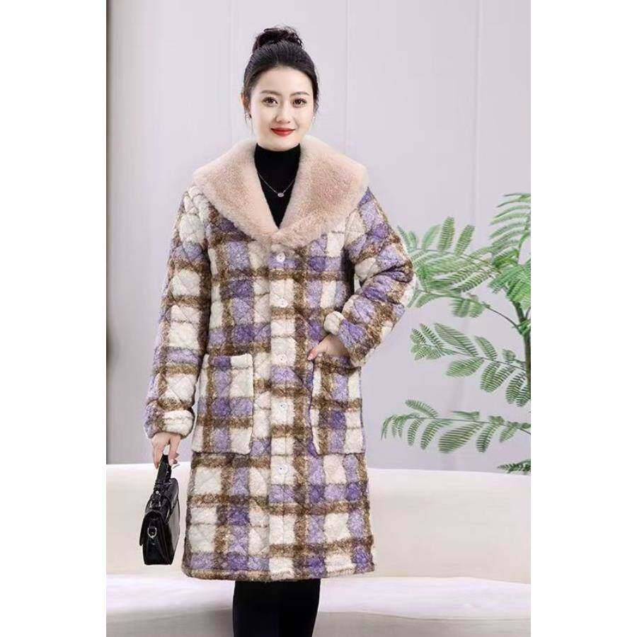 罩衣中长款冬季新款格子棉衣加绒加厚外套棉服女士大衣保暖棉袄