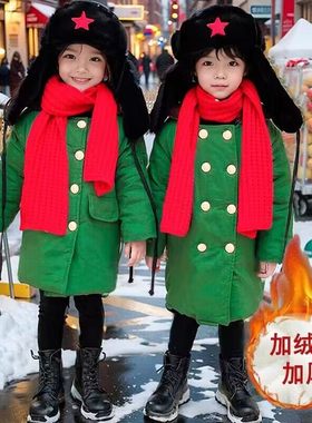 儿童军大衣加棉加厚男童东北军绿色棉衣小孩老款加绒冬季宝宝外套