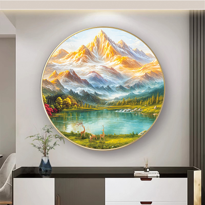 旭日东升山水风景画十字绣2025新款线绣客厅玄关圆形手工刺绣挂画