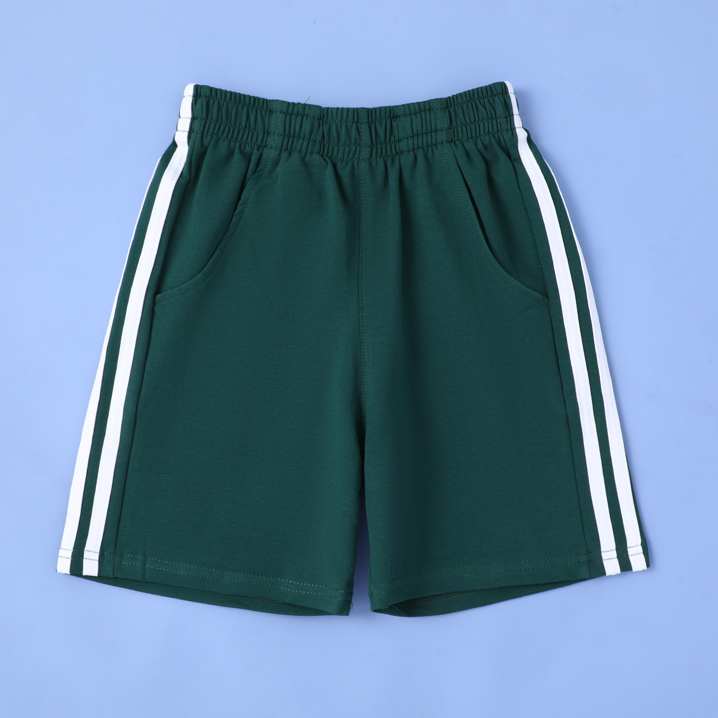 男女墨绿色双白杠条纹运动短裤夏季休闲五分裤松紧腰儿童校服裤子