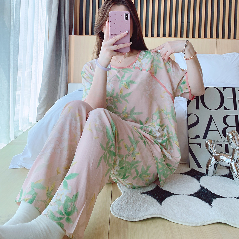 女棉绸国风短袖长裤家居服