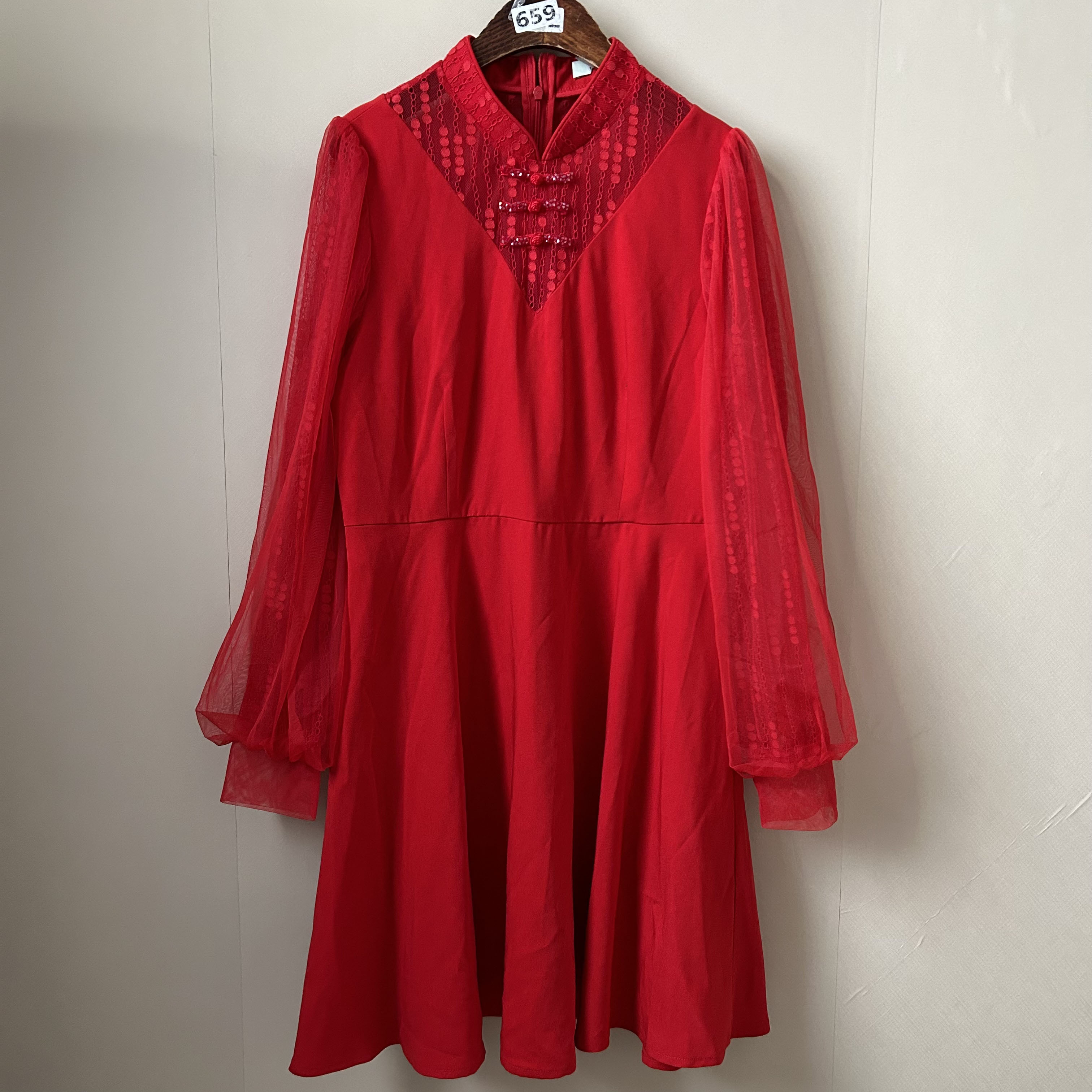 【不退换】红色连衣裙秋季婚宴礼服高级感蕾丝网纱旗袍法式裙子