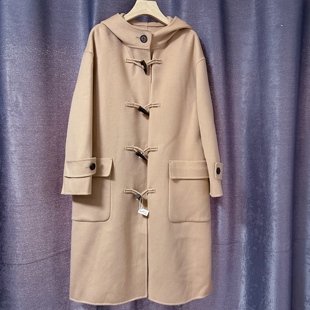 韩单100羊毛牛角扣双开叉连帽休闲长款双面手缝毛呢大衣