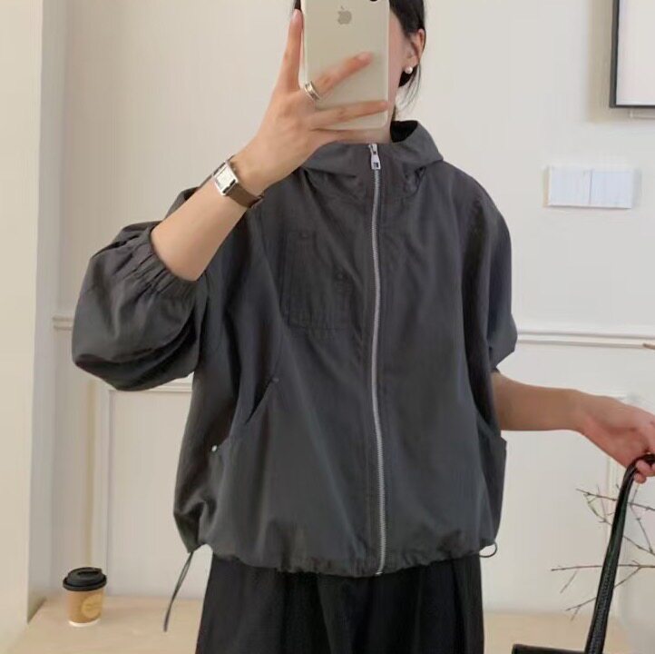 棉质连帽春季新款外套女纯色小个子日系休闲百搭文艺感上衣风衣