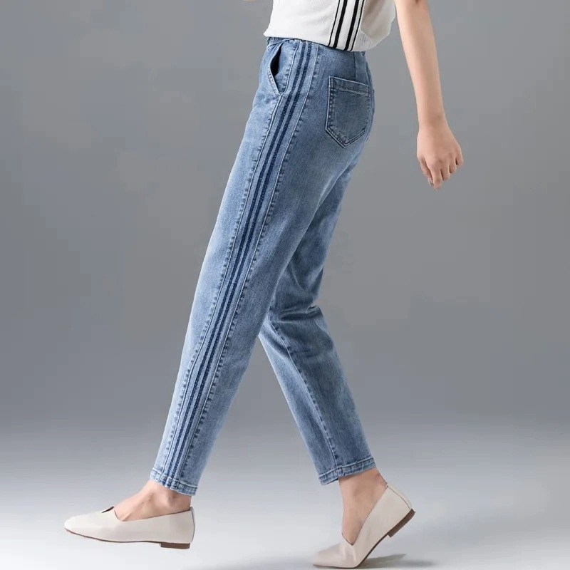 【不退换】日单春秋女棉氨弹力牛仔裤松紧腰九分裤抽绳织带小脚裤