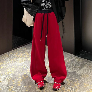 2025秋冬新款加绒加厚弯刀女裤拼腰设计显瘦百搭休闲拖地长裤卫裤