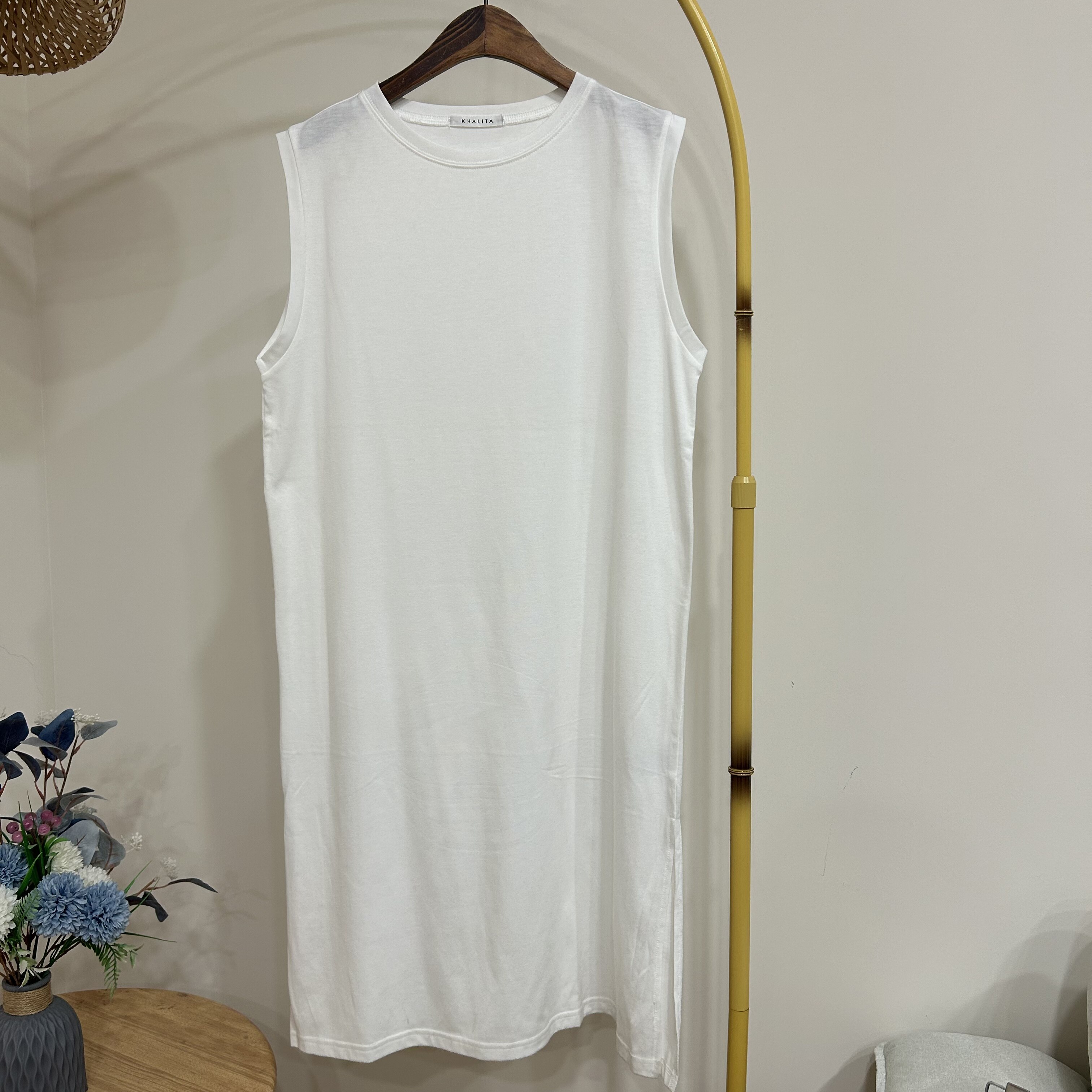 日单女士春夏季中长款无袖开衩纯色打底衫T恤上衣背心睡裙