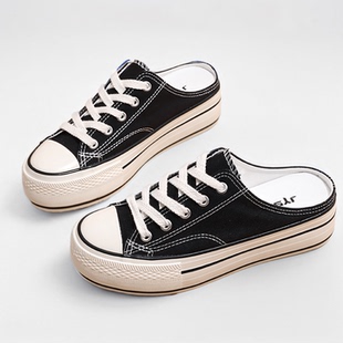黑色帆布鞋厚底穆勒鞋女休闲小白鞋女款鞋子百搭懒人鞋系带半拖鞋