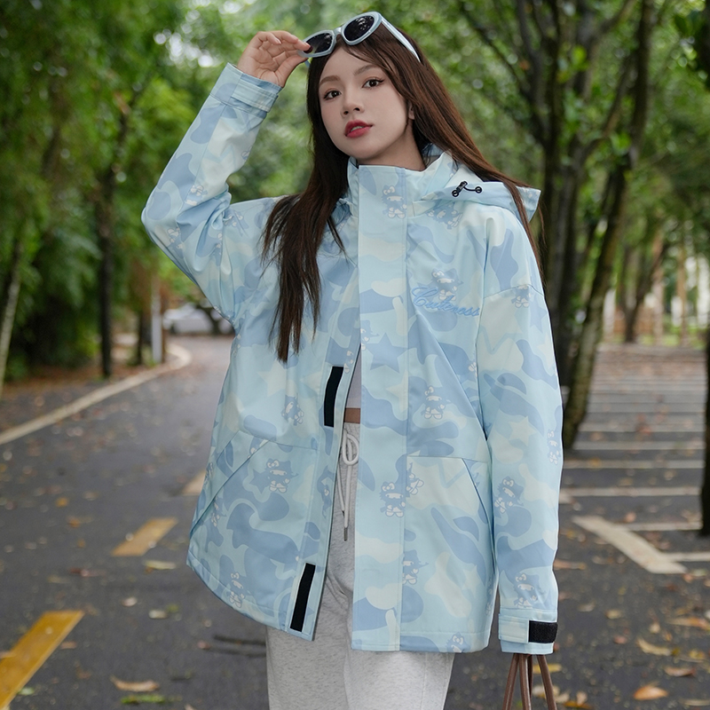 UHMU原创美式凯蒂猫满印冲锋衣男女宽松情侣装三合一可拆卸2件套