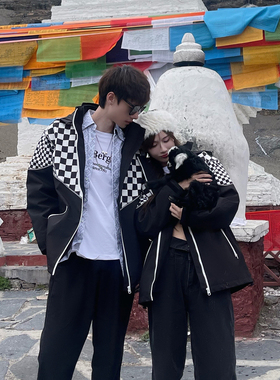 UHMU户外情侣装冲锋衣外套男2026秋冬新款3M码反光黑白格加绒加厚