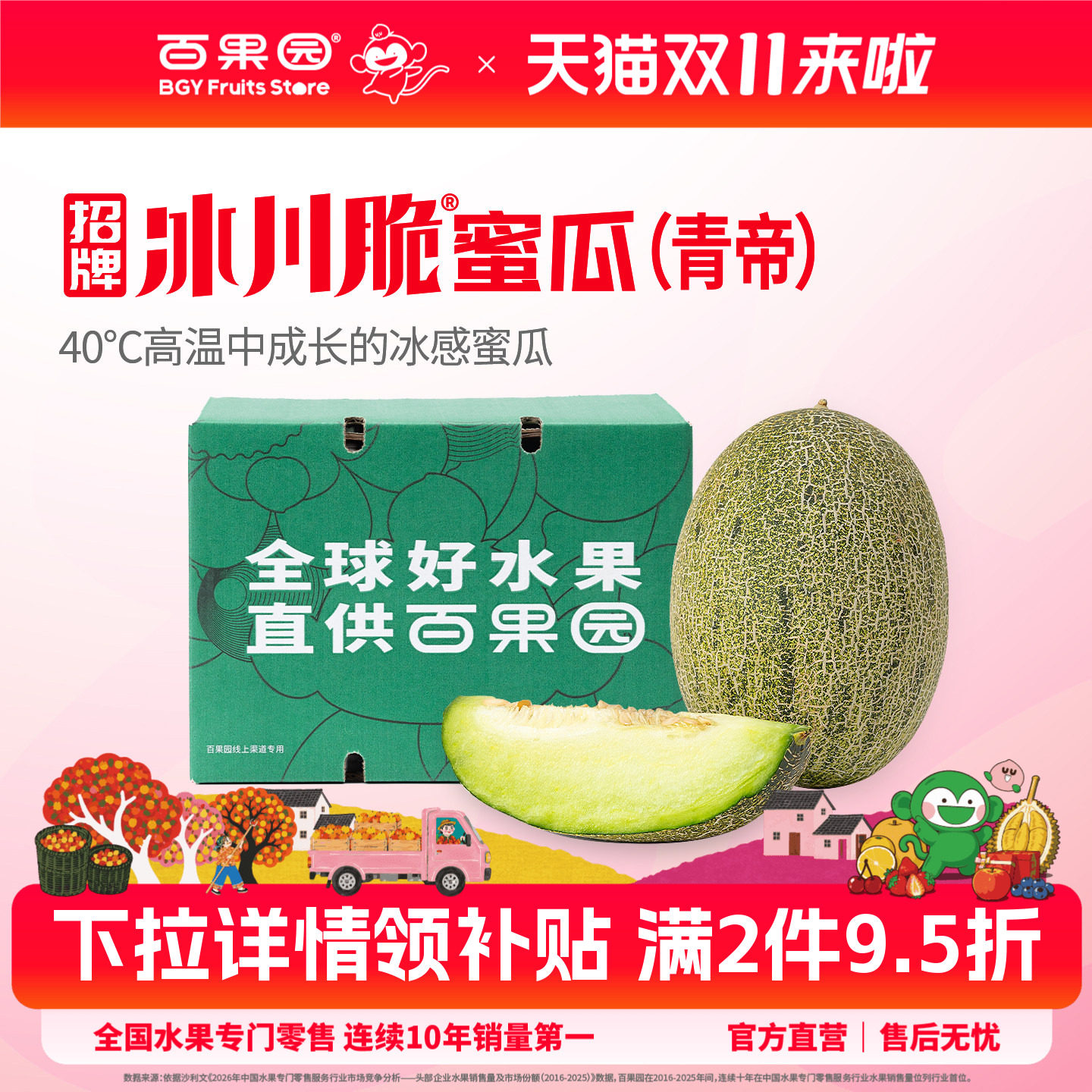 百果园店 招牌冰川脆蜜瓜（青帝）当季新鲜水果哈密瓜甜瓜2粒整箱