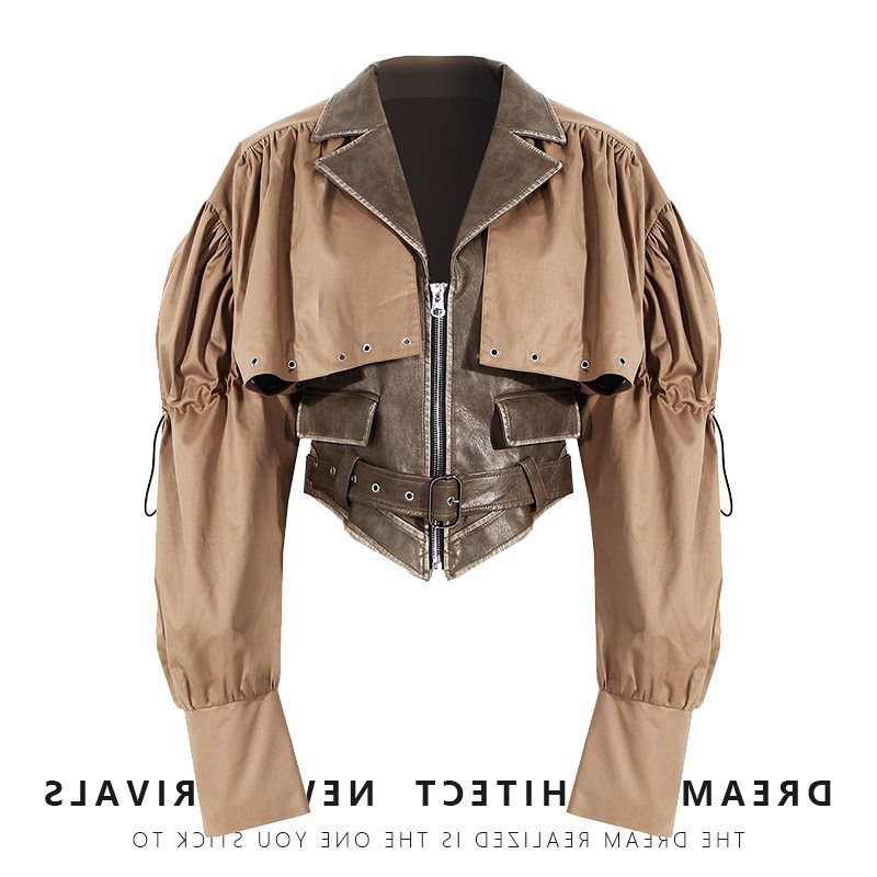 春季上衣小众设计感帅气夹克两件套收腰斗篷女2023PU拼接外套新款