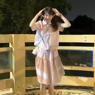 子女夏季 2025新款 洋装 日系甜美粉色格纹衬衫 小个子气质短裙 套装