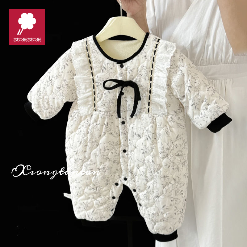 婴儿冬装夹棉加绒连体衣女宝宝保暖加厚棉服新生儿周岁公主礼服潮