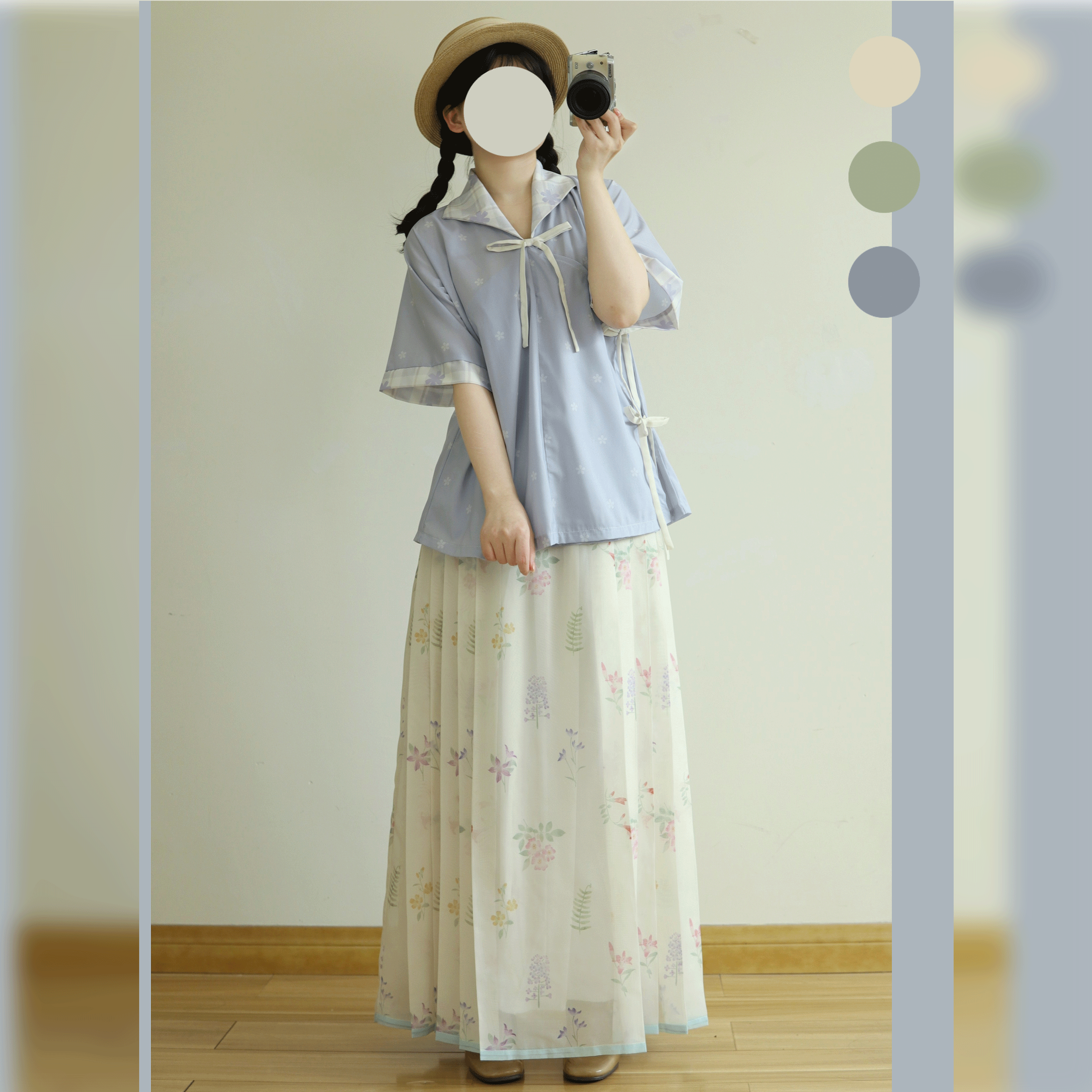 织满庭原创改良清新明制翻领短袖衫碎花马面裙春夏通勤汉服套装 - 实物图