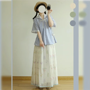 织满庭原创改良清新明制翻领短袖衫碎花马面裙春夏通勤汉服套装