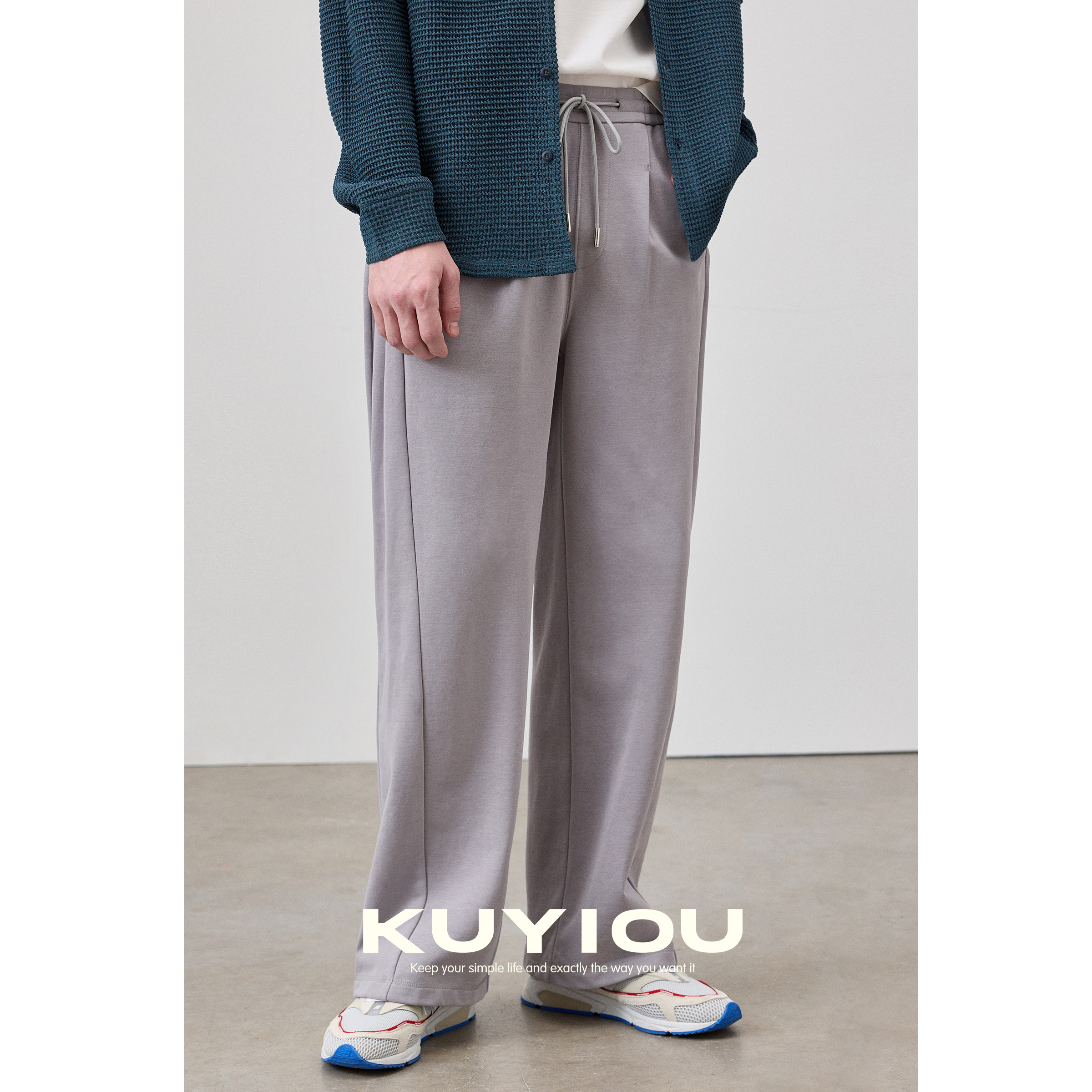KUYIOU/两侧褶裥工艺 毛圈棉抽绳松紧腰卫裤运动宽松直筒长裤男,男装,休闲裤,淘宝优惠券,粉丝福利购,淘宝优惠卷
